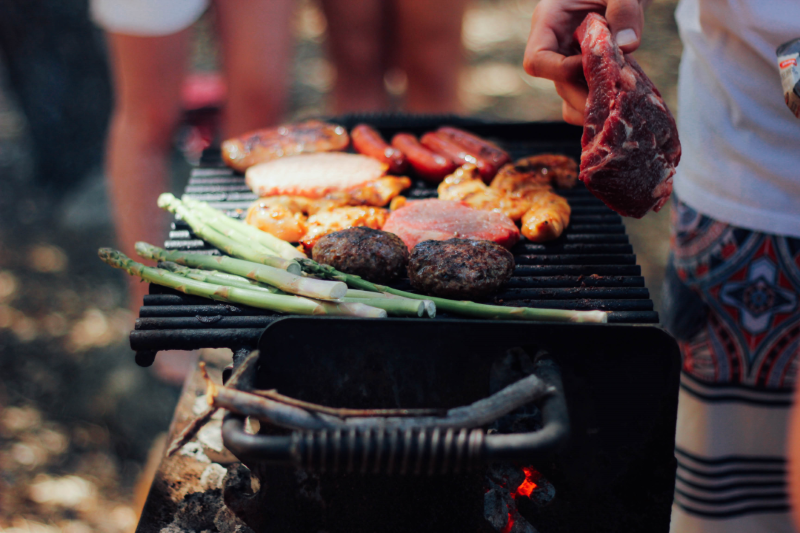 Road Trip Roadside Barbeque Grilling Meat and Vegetables on BBQ