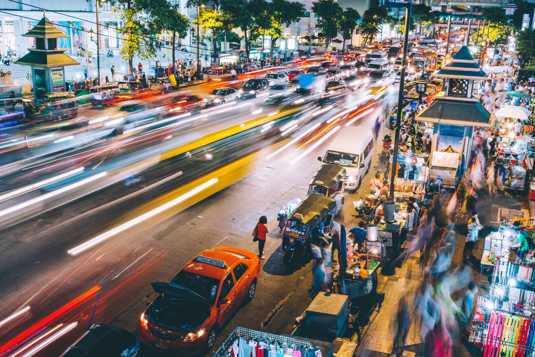 street market and traffic in bangkok